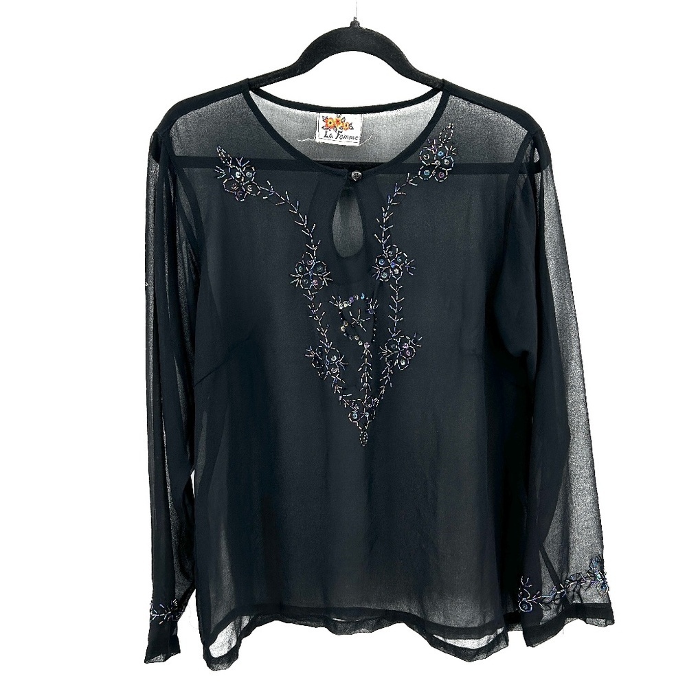 LA FEMME Vintage Black Sheer Floral Beaded Boxy Long Sleeve Blouse Size Large